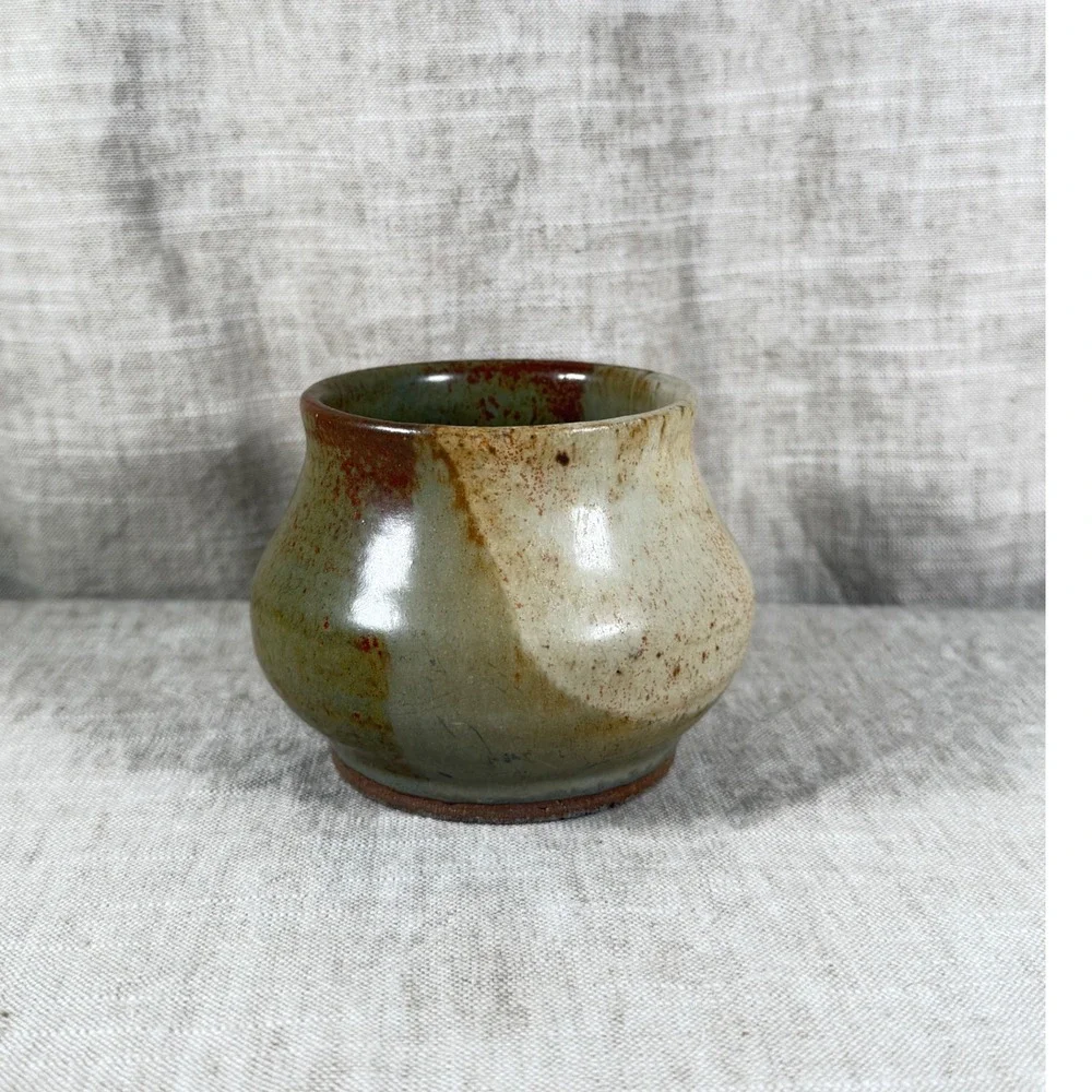 Studio Pottery Vessel Small Green Brown Vintage Good Signed Hand Thrown Ceramic